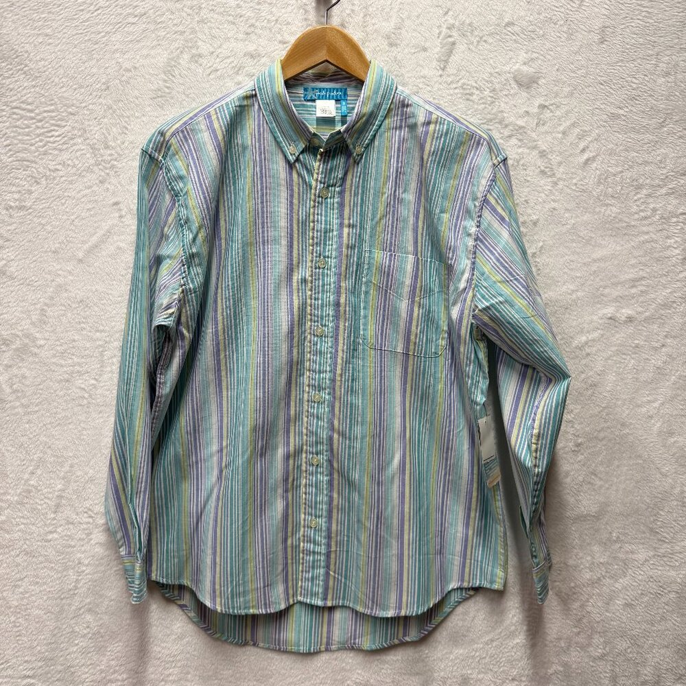 Fresh Produce Button Down Oxford Sheeting Shirt Womens Small Blue Patio Stripes